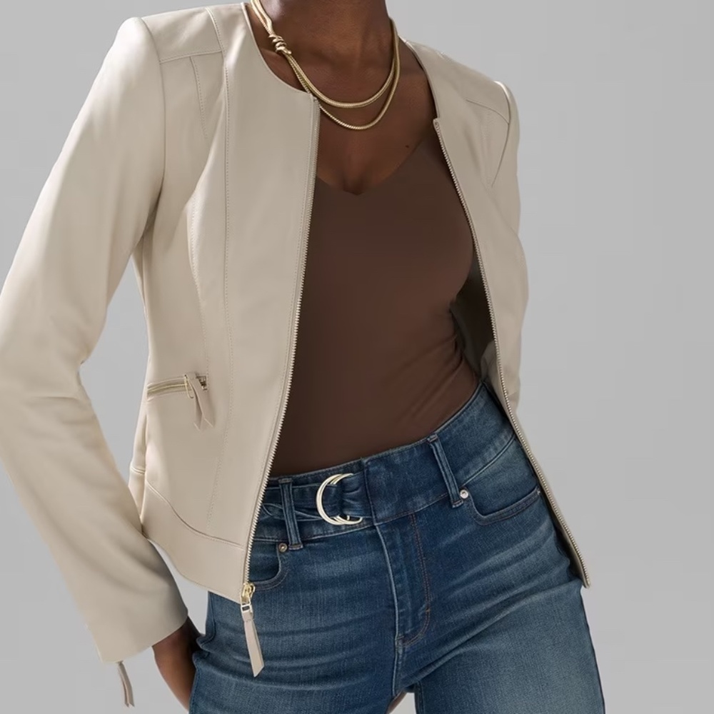 NWT Fitted 100% Lambskin Leather Jacket Biscotti Size L White House Black Market